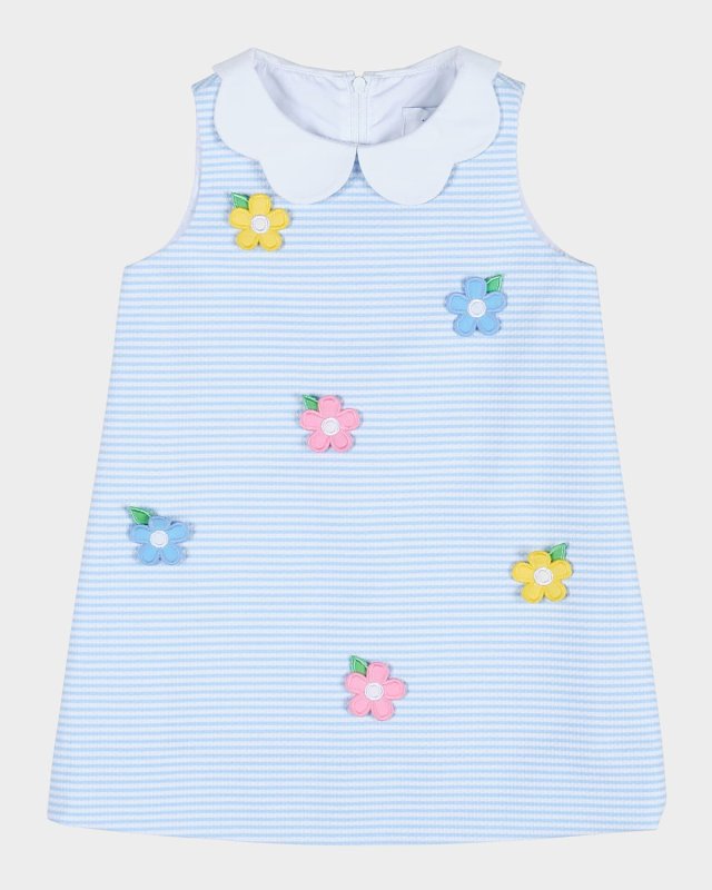 Girl's Striped Dress W/ Floral Appliques, Size 12M-